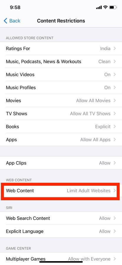 toca la opción de contenido web. Cómo desactivar el modo de incógnito en iPhone