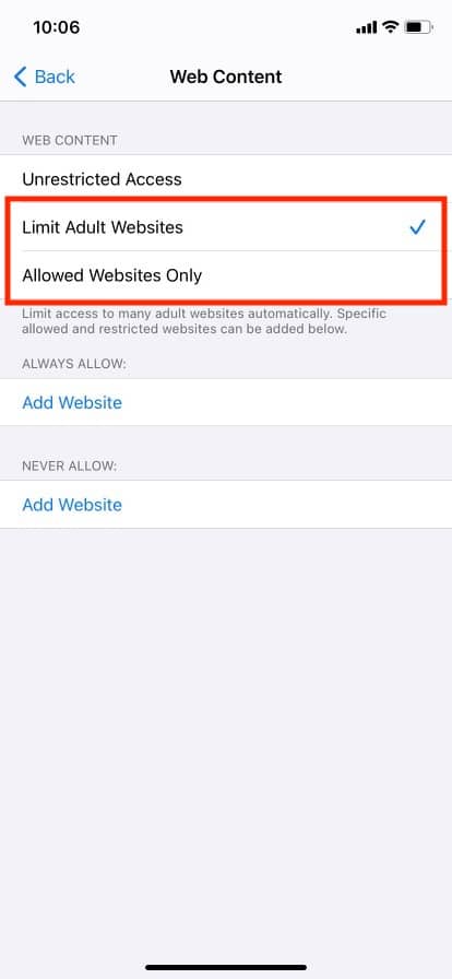 elija limitar sitios web para adultos o solo sitios web permitidos. Cómo desactivar el modo de incógnito en iPhone