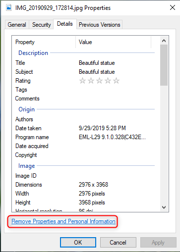 Haga clic o toque Eliminar propiedades y datos personales