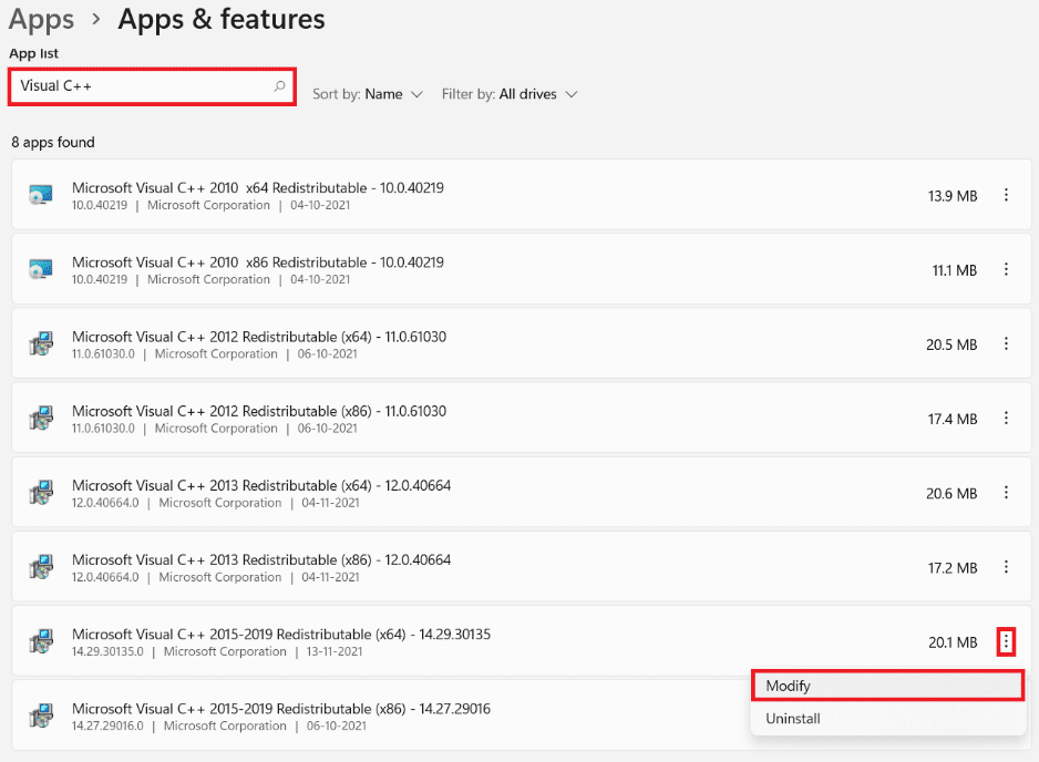 haga clic en el icono de tres puntos y seleccione modificar para la aplicación en Aplicaciones y características
