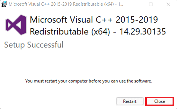 haga clic en el botón Cerrar Microsoft Visual C plus plus Asistente redistribuible