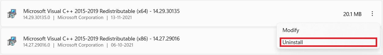 Desinstalación de Redistribuible.  Cómo arreglar VCRUNTIME140.dll falta un error en Windows 11