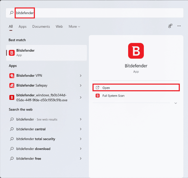 Resultados de la búsqueda en el menú Inicio para Antivirus