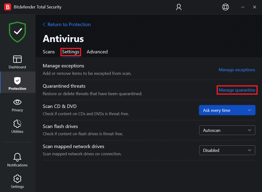 haga clic en la opción Administrar cuarentena en Amenazas en cuarentena en la sección Configuración