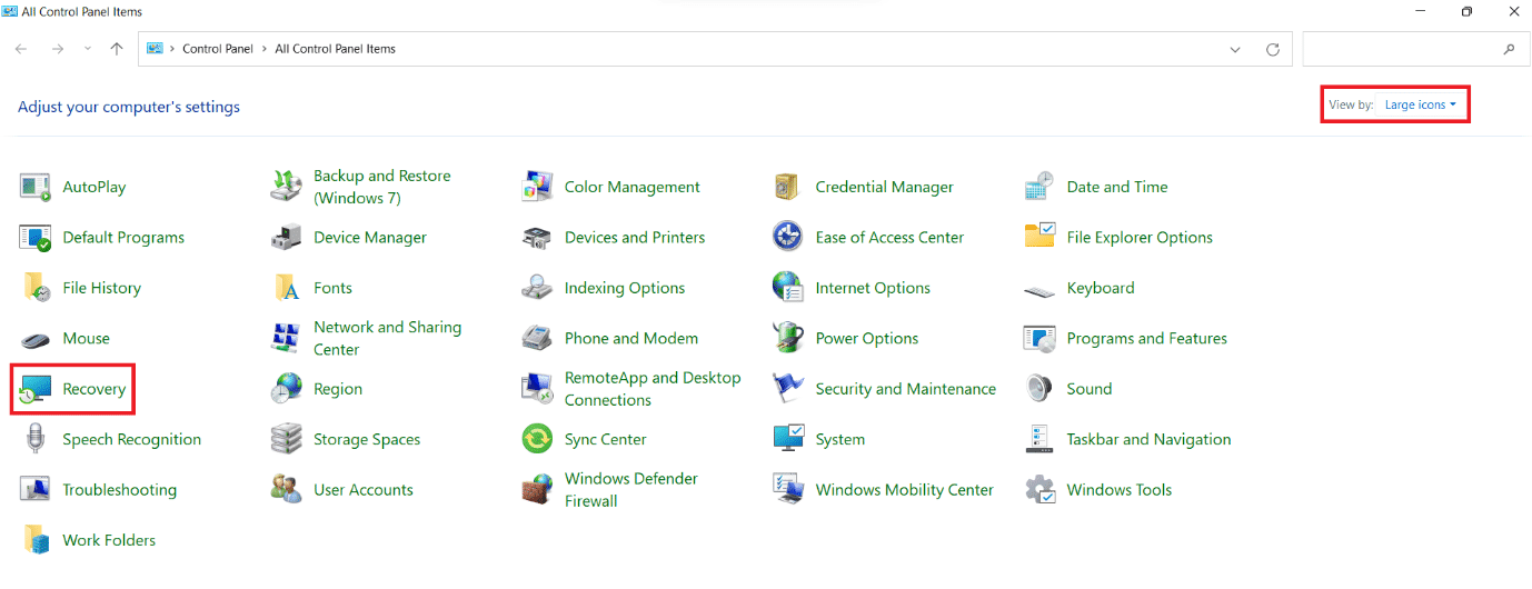 seleccione la opción Recuperación en el panel de control