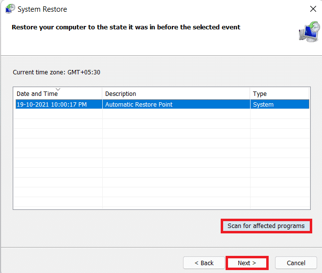 Lista de puntos de restauración disponibles.  Cómo arreglar VCRUNTIME140.dll falta un error en Windows 11