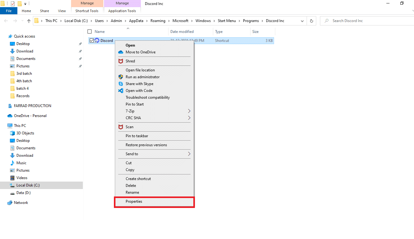 Luego, haga clic derecho en la aplicación Discord y elija Propiedades.  Arreglar Discord sigue fallando o congelando videos