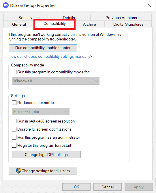 Haga clic en la pestaña Compatibilidad