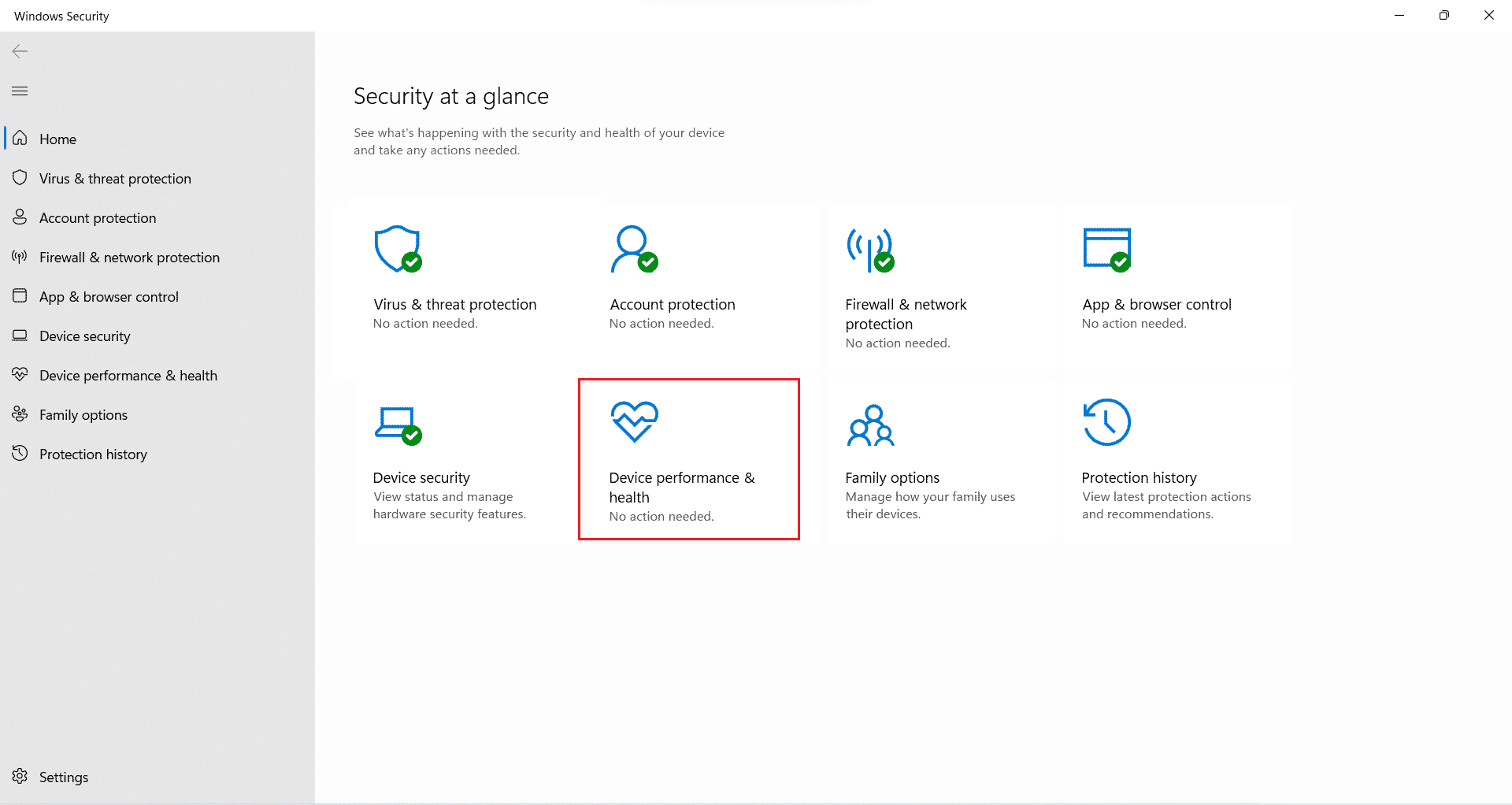 rendimiento del dispositivo y salud seguridad de windows