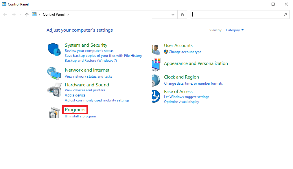 En las ventanas del Panel de control, busque Programas.  Solucione el error MSDN Bugcheck Video TDR en Windows 10