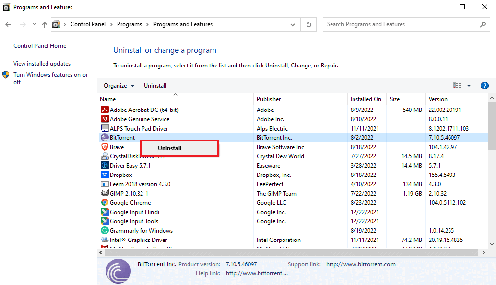 Localice y haga clic derecho en el programa problemático y haga clic en Desinstalar.  Solucione el error MSDN Bugcheck Video TDR en Windows 10