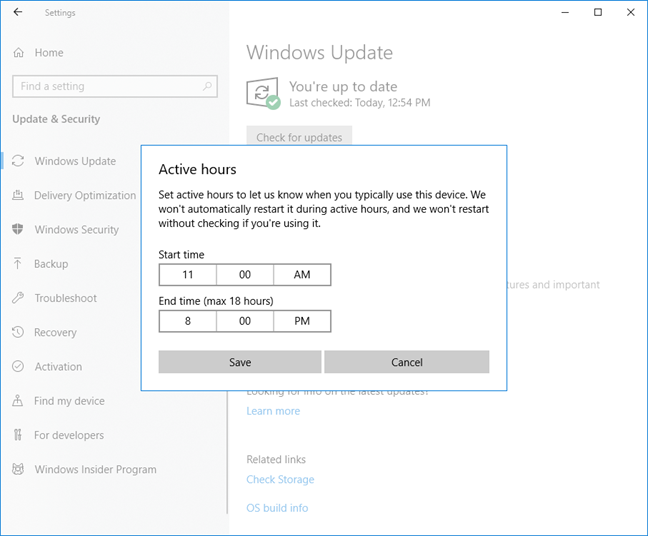 Establecer horas de actividad en Windows 10