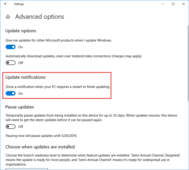Activar las notificaciones de actualización de Windows 10