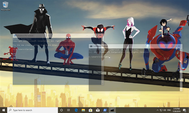 Símbolo del sistema y ventanas transparentes de PowerShell