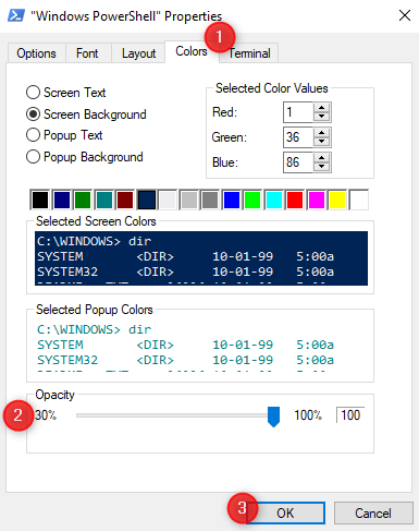 Establecer el nivel de opacidad para PowerShell