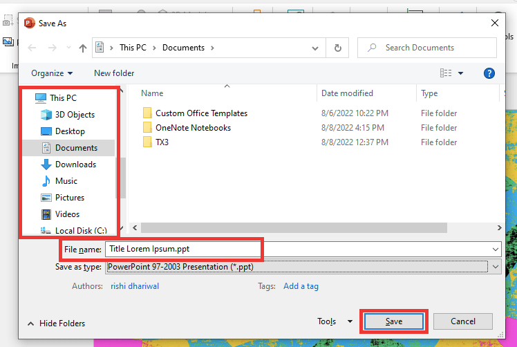 cambie la ubicación, luego cambie el nombre del archivo y haga clic en guardar.  Arreglar el error de PowerPoint que no guarda el archivo