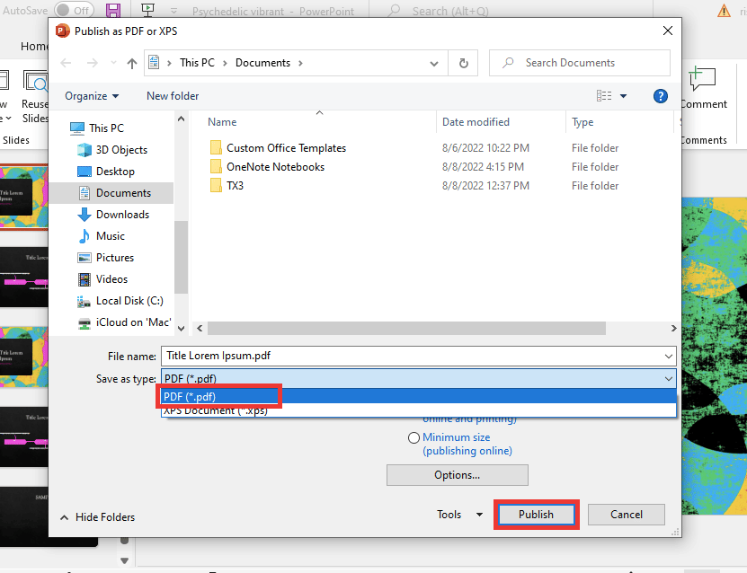 Seleccione el formato PDF y haga clic en Publicar