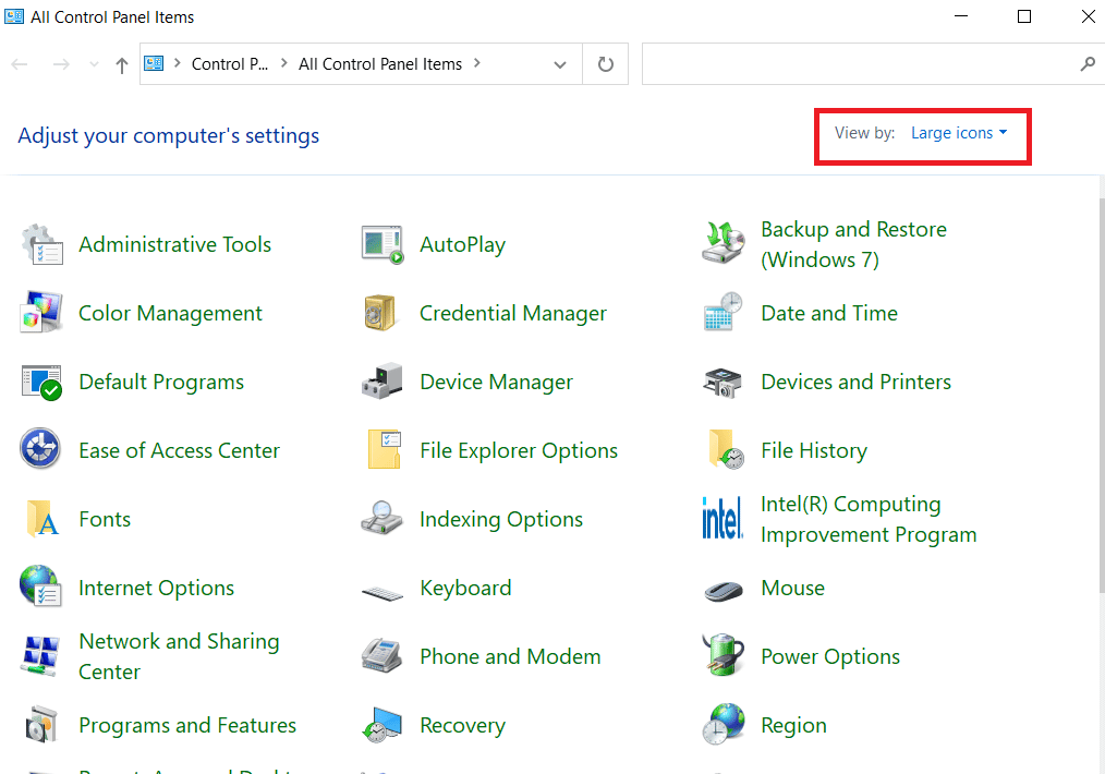 Configure Ver por: Iconos grandes.