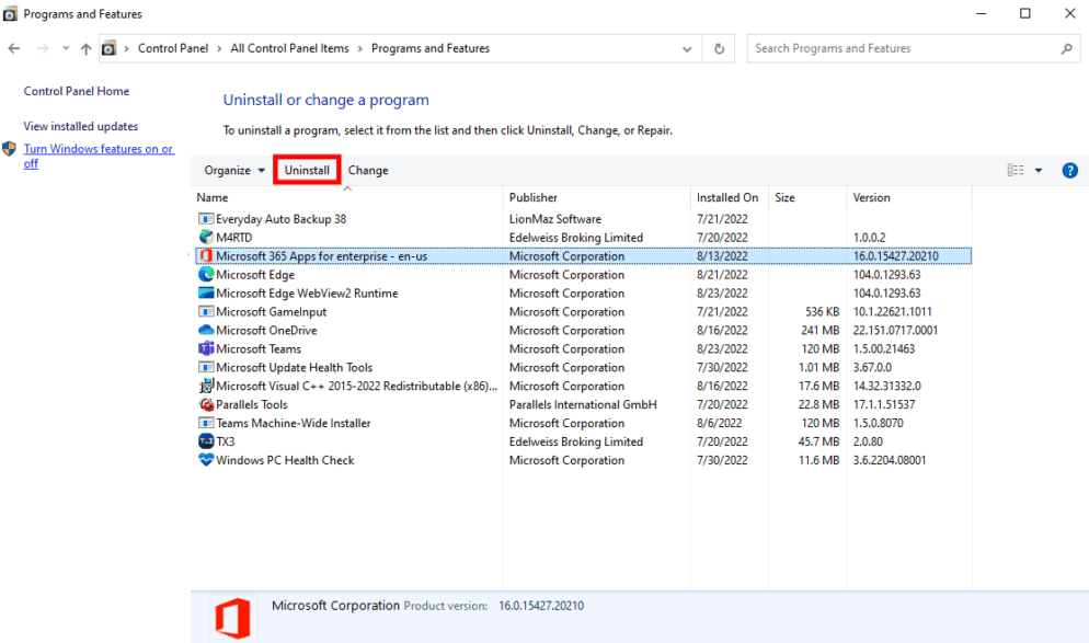 seleccione aplicaciones de microsoft 365 y haga clic en desinstalar