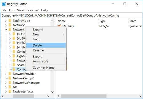 Haga clic derecho en la clave de configuración y luego seleccione Eliminar