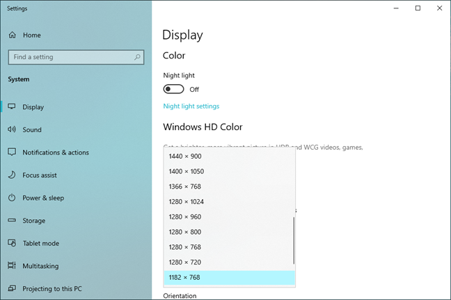 La lista de resoluciones disponibles en Windows 10