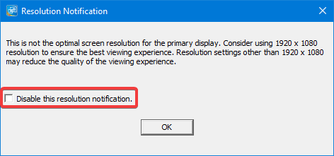 Ventana de notificación de resolución en Windows 10