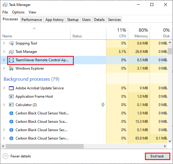 Ahora, busque y seleccione las tareas de TeamViewer que se ejecutan innecesariamente en segundo plano.