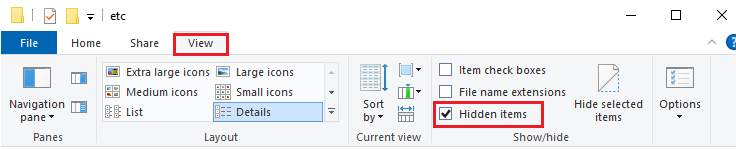 Ahora, cambie a la pestaña Ver y marque la casilla Elementos ocultos en la sección Mostrar ocultar. Arreglar Teamviewer no está listo, verifique su conexión