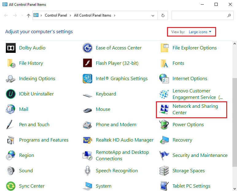 Haga clic en Centro de redes y recursos compartidos. Arreglar Teamviewer no está listo, verifique su conexión