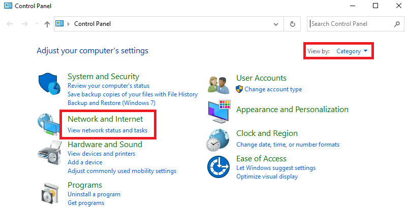 Ahora, configure la opción Ver por en Categoría y seleccione el enlace Red e Internet. Arreglar Teamviewer no está listo, verifique su conexión