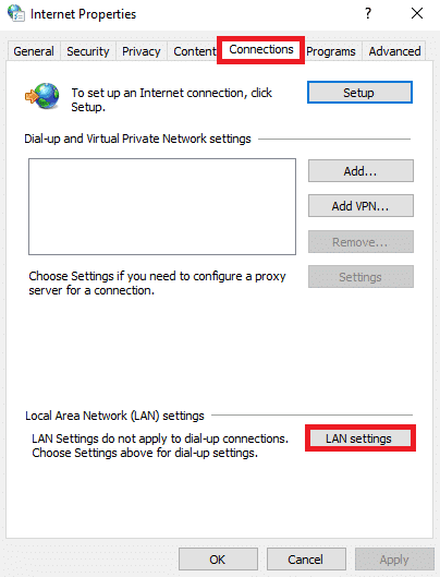 Ahora, en la ventana Propiedades de Internet, cambie a la pestaña Conexiones y seleccione Configuración de LAN.