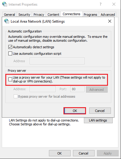 Desmarque la casilla que dice Usar un servidor proxy para su Lan y haga clic en Aceptar. Arreglar Teamviewer no está listo, verifique su conexión