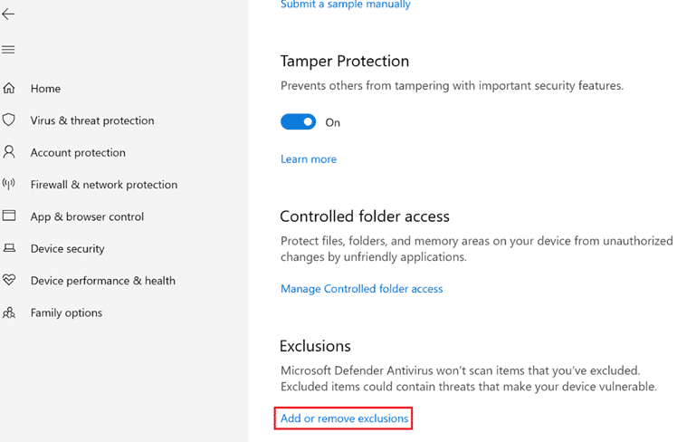 Luego, desplácese hacia abajo y haga clic en Agregar o eliminar exclusiones como se muestra a continuación. Arreglar Teamviewer que no se conecta en Windows 10