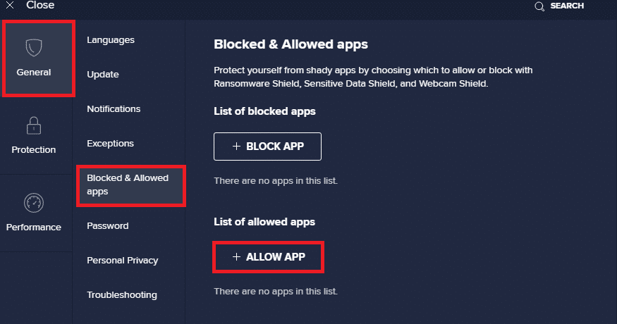 seleccione General, luego, aplicaciones bloqueadas y permitidas y haga clic en el botón Permitir aplicación en la configuración de Avast Free Antivirus. Arreglar Teamviewer no está listo, verifique su conexión