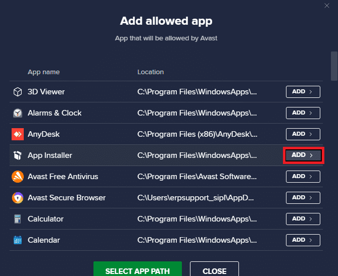 haga clic en el instalador de la aplicación y seleccione el botón Agregar para agregar la exclusión en Avast Free Antivirus. Arreglar Teamviewer que no se conecta en Windows 10