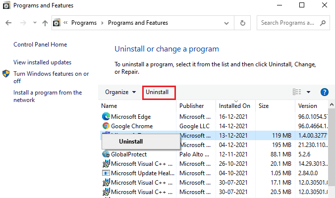 Ahora, haga clic en TeamViewer y seleccione la opción Desinstalar. Arreglar Teamviewer que no se conecta en Windows 10