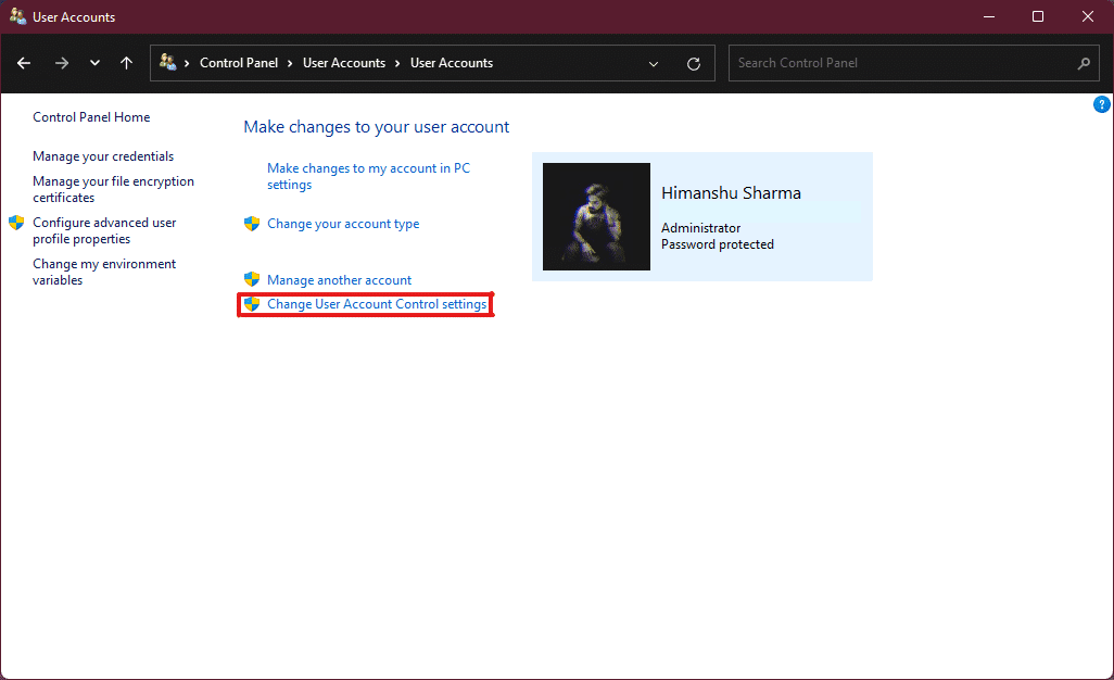 haga clic en cambiar la configuración de control de cuenta de usuario Windows 11