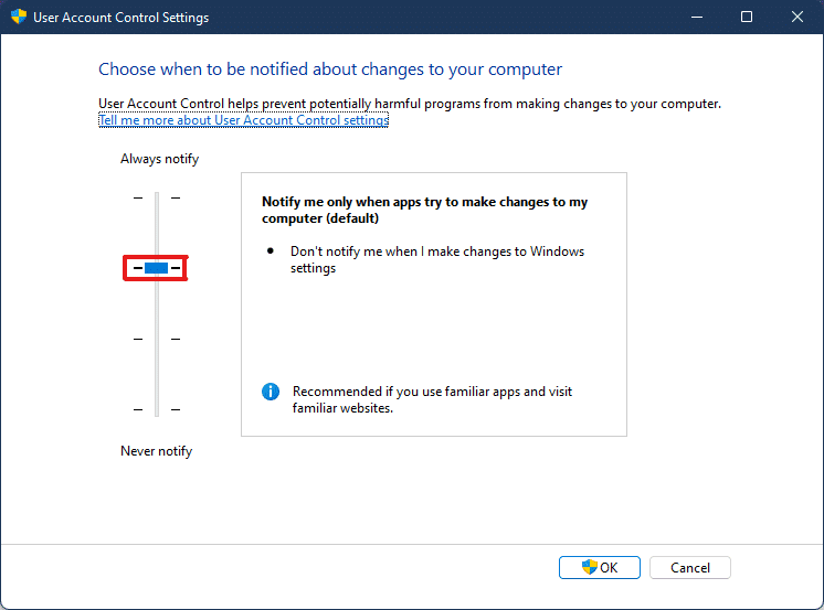 mueva el control deslizante al segundo nivel más alto para establecer el Control de cuentas de usuario en la configuración predeterminada. Esto me notificará solo cuando las aplicaciones y los usuarios intenten realizar cambios en mi computadora