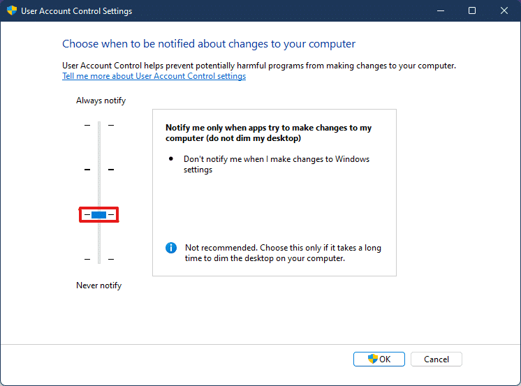 mueva el control deslizante al tercer nivel más alto para configurar el Control de cuentas de usuario para Notificarme solo cuando las aplicaciones y los usuarios intenten realizar cambios en mi computadora con la configuración No atenuar mi escritorio Windows 11