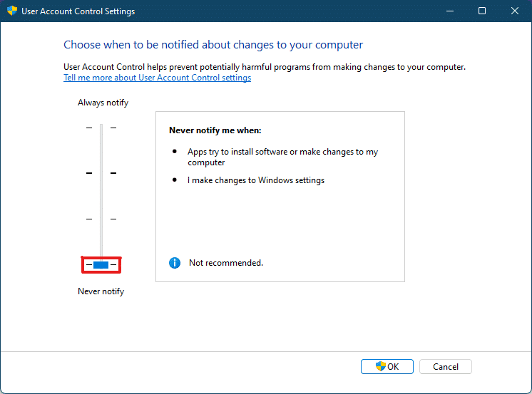 mueva el control deslizante al nivel inferior para deshabilitar o apagar el Control de cuentas de usuario UAC Windows 11
