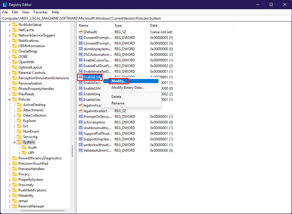 haga clic con el botón derecho en el valor EnableUA y seleccione la opción Modificar en el Editor del Registro de Windows 11