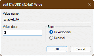 ingrese los datos de valor 0 para deshabilitar el Control de cuentas de usuario en la ventana Editar valor DWORD de Windows 11