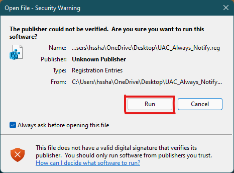 haga clic en el botón Ejecutar en la Advertencia de seguridad para que los archivos .reg apliquen la configuración de UAC del Control de cuentas de usuario de Windows 11
