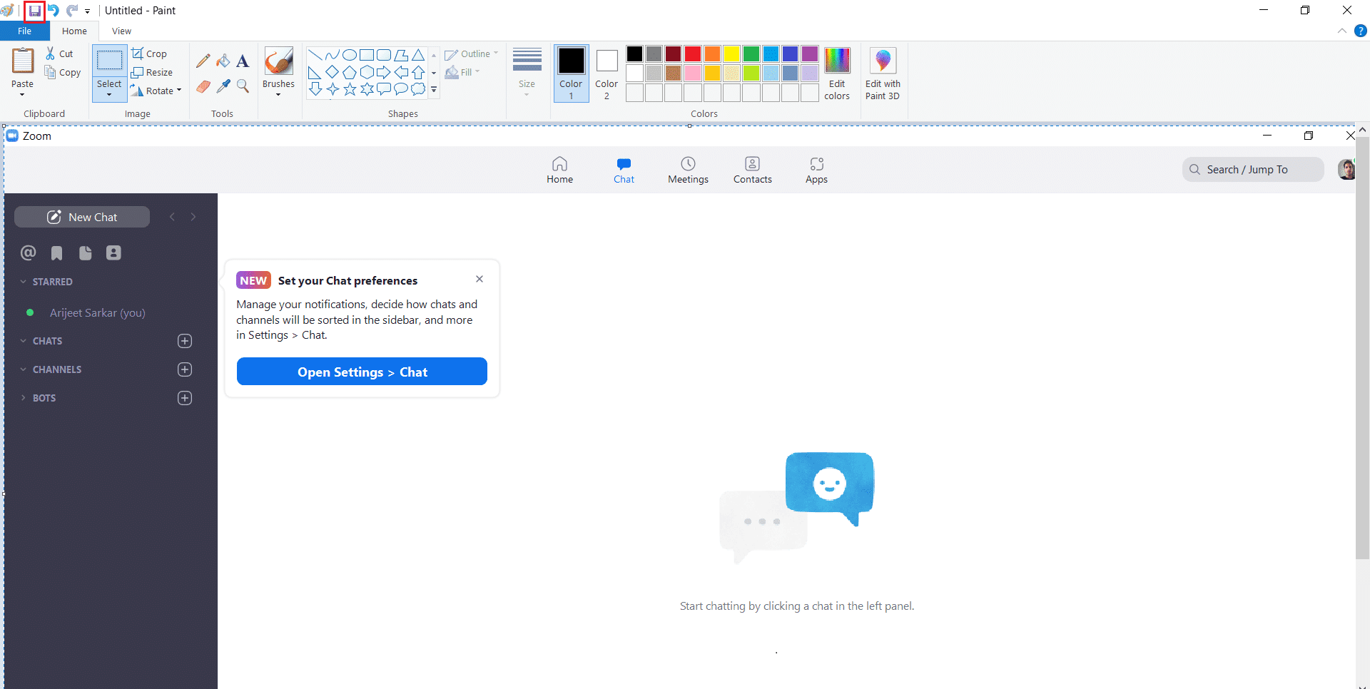 pegue la captura de pantalla en la aplicación de pintura