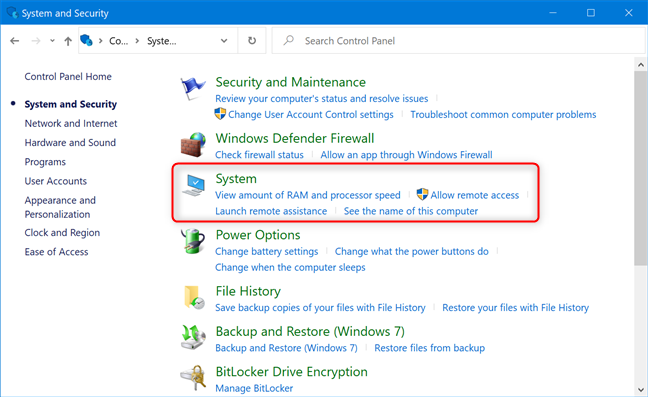 En el Panel de control, vaya a Sistema y seguridad y luego a Sistema