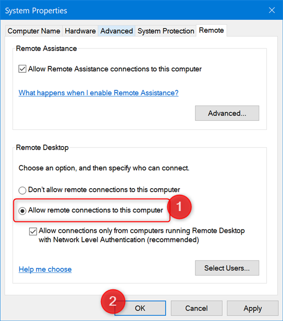 Haga clic o toque Permitir conexiones remotas a esta computadora