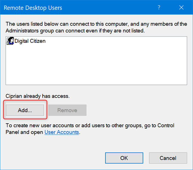 Haga clic o toque Agregar para agregar un usuario a Escritorio remoto