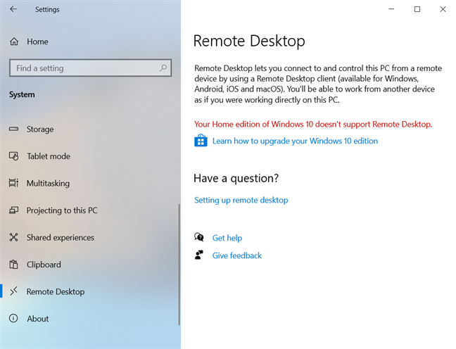 Su edición Home de Windows 10 no es compatible con Remote Desktop