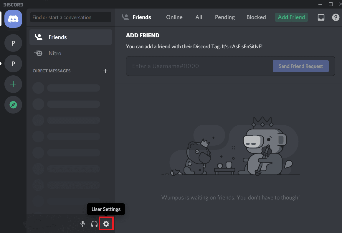 Inicie Discord y haga clic en el ícono de Configuración de usuario |  Arreglar No puedo escuchar a la gente en Discord