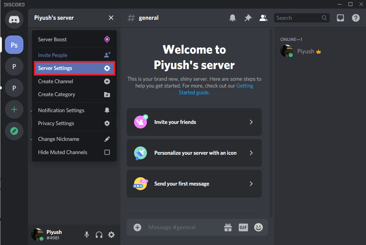 Haga clic en la flecha hacia abajo y seleccione Configuración del servidor |  Arreglar No puedo escuchar a la gente en Discord